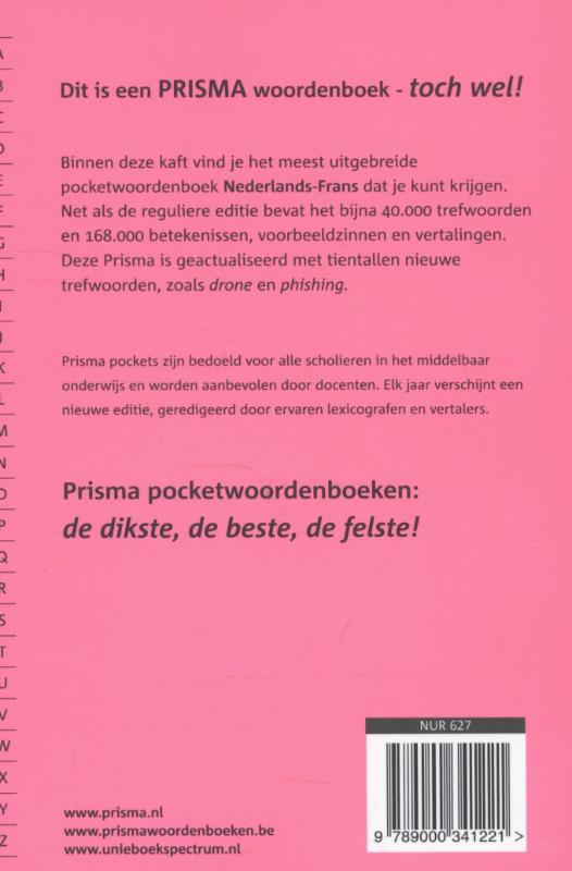 Achterkant van Prisma pocketwoordenboek Nederlands Frans
