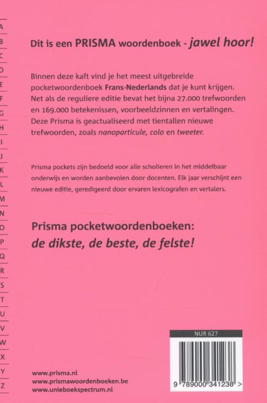 Achterkant van Prisma pocketwoordenboek Frans-Nederlands