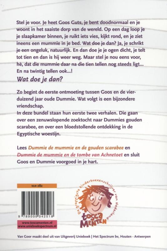 Achterkant van Dummie de mummie en de gouden scarabee; en de tombe van Achnetoet