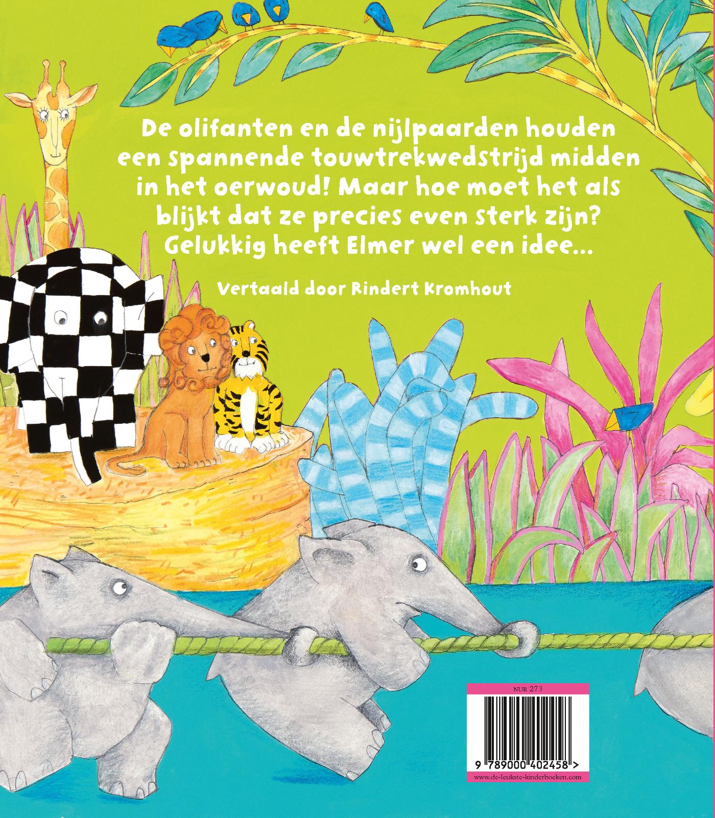 Achterkant van Elmer en de touwtrekwedstrijd