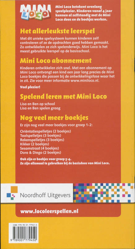 Achterkant van Mini Loco Ontwikkelingsspelletjes Lisa en Ben spelen graag vanaf 5 jaar