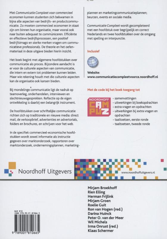 Achterkant van Communicatie compleet voor commercieel economen