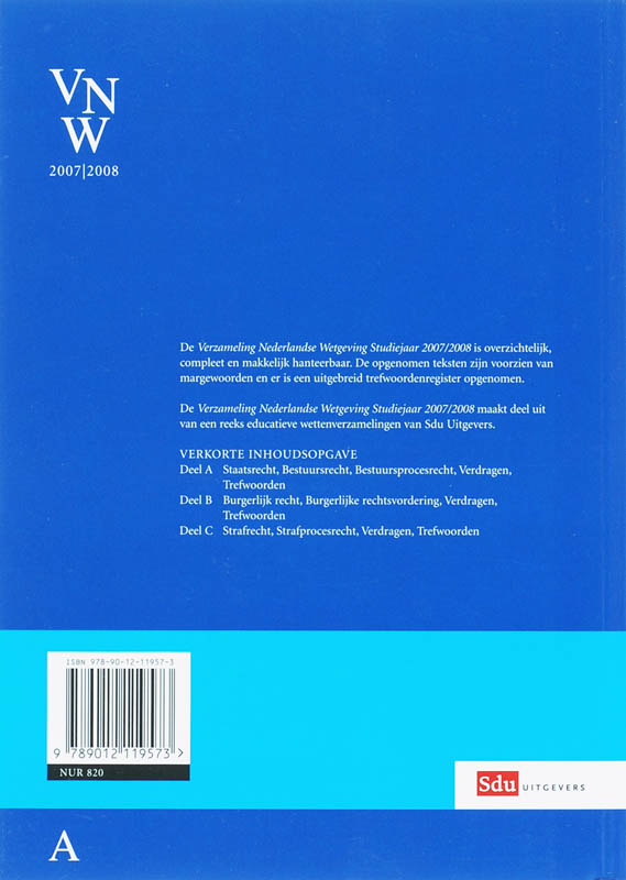 Achterkant van Verzameling Nederlandse Wetgeving Studiejaar 2007-2008