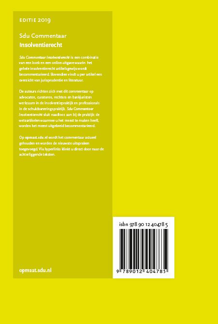Achterkant van Sdu Commentaar Insolventierecht. Editie 2019