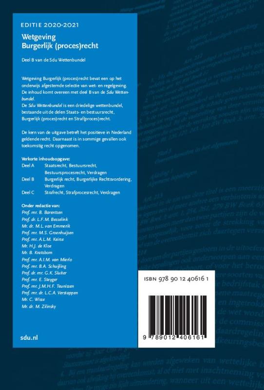 Achterkant van Sdu Wettenbundel Burgerlijk (proces)recht. Editie 2020-2021