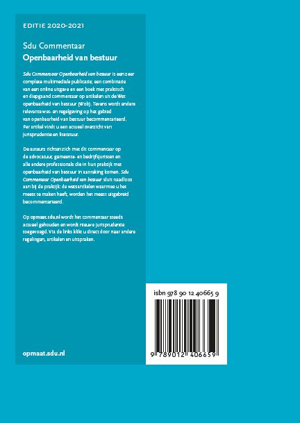 Achterkant van Sdu Commentaar Openbaarheid van Bestuur. Editie 2020-2021