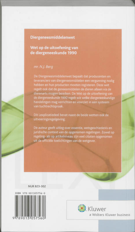 Achterkant van Diergeneesmiddelenwet / Wet op de uitoefening vd diergeneeskunde 1990