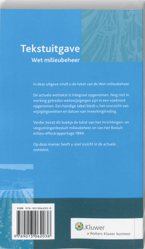Achterkant van Tekstuitgave Wet Milieubeheer 2009