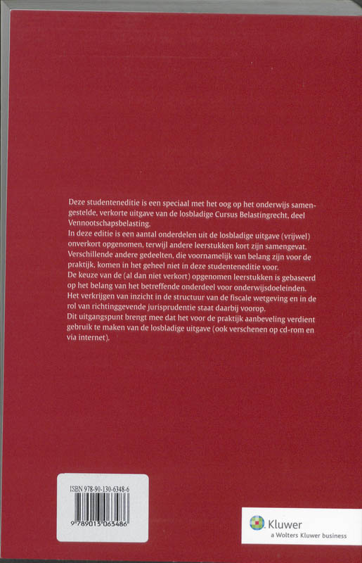 Achterkant van Studenteneditie Cursus Belastingrecht Vennootschapsbelasting 2009/2010