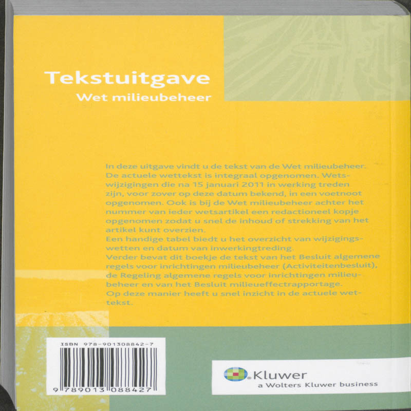 Achterkant van Tekstuitgave Wet milieubeheer 2011
