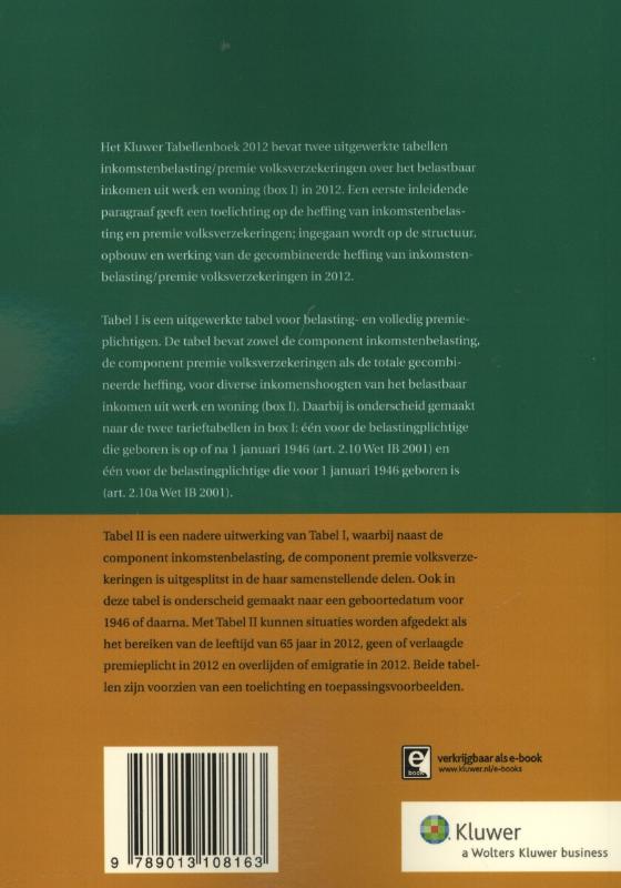 Achterkant van Kluwer tabellenboek 2012