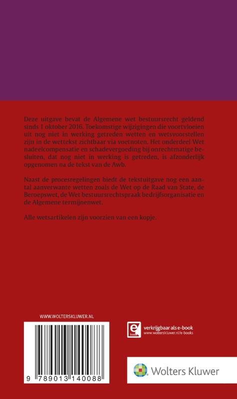 Achterkant van Tekstuitgave Algemene wet bestuursrecht 2016/2017