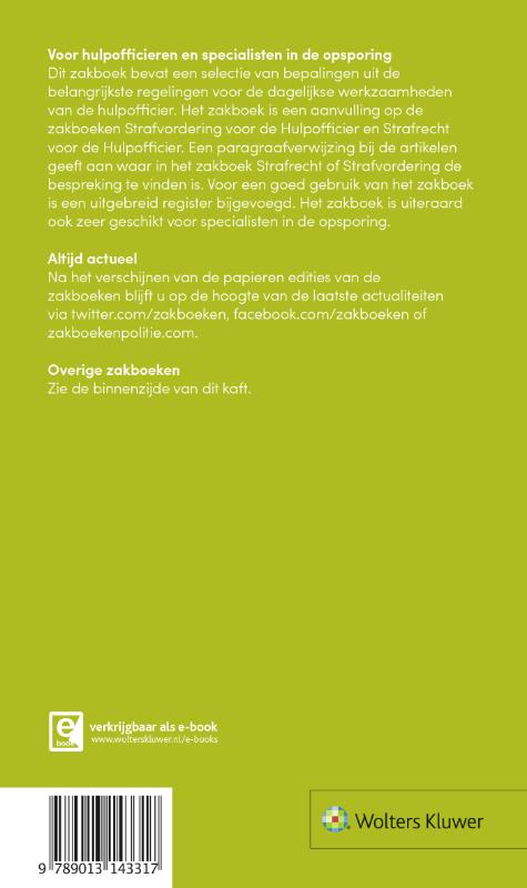 Achterkant van Zakboek Wetteksten voor de Hulpofficier 2018