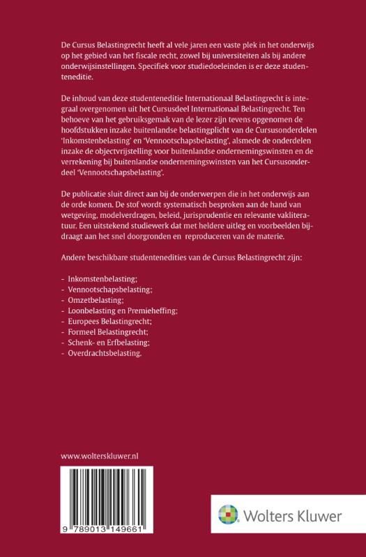 Achterkant van Studenteneditie Cursus Belastingrecht Internationaal Belastingrecht 2018-2019