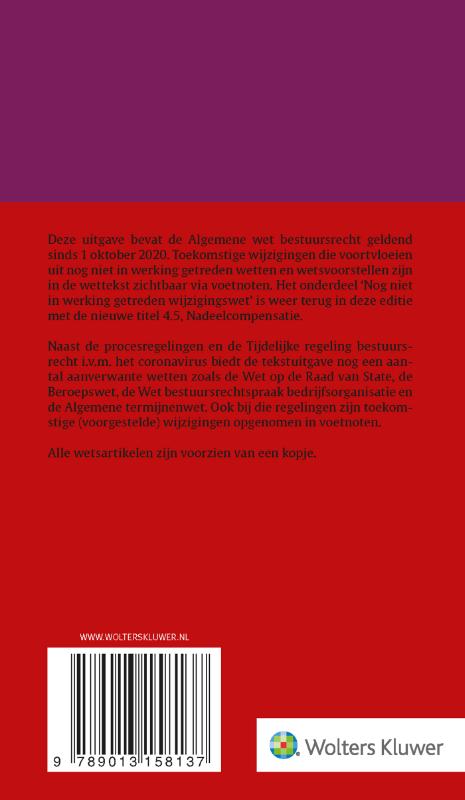 Achterkant van Tekstuitgave Algemene wet bestuursrecht 2020/2021