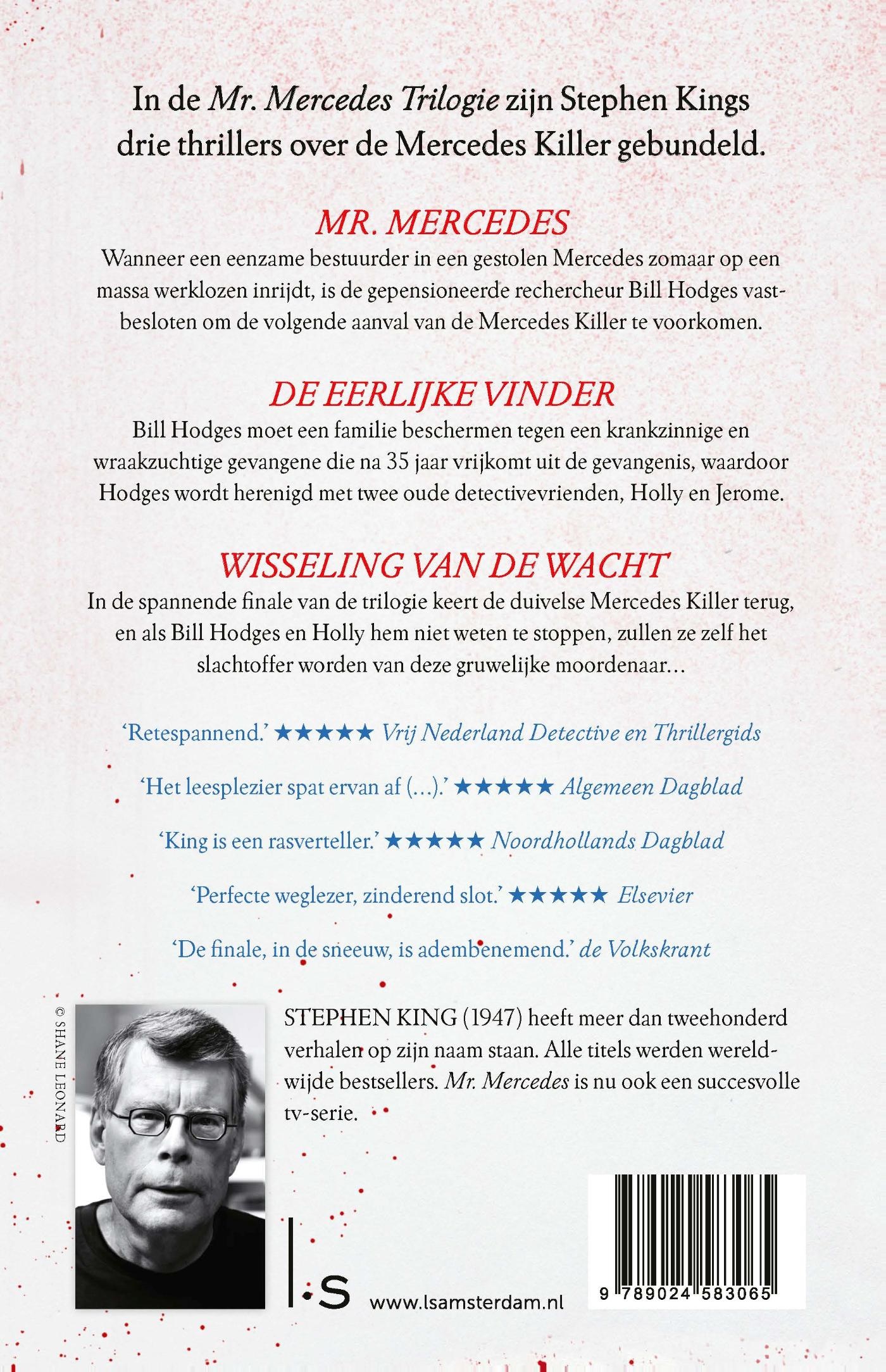 Achterkant van Mr. Mercedes Trilogie - Mr. Mercedes, De eerlijke vinder, Wisseling van de wacht