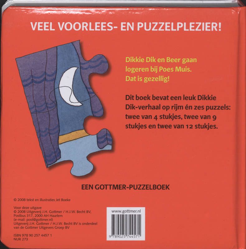 Achterkant van Dikkie Dik puzzelboek logeren bij Poes Muis