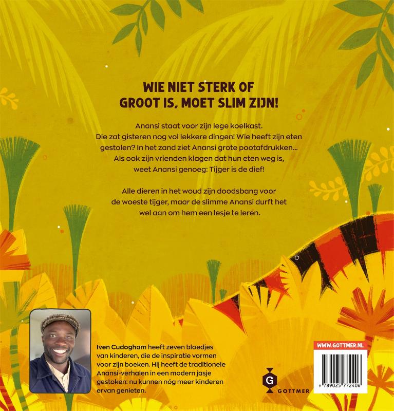 Achterkant van Anansi de spin en de gulzige tijger