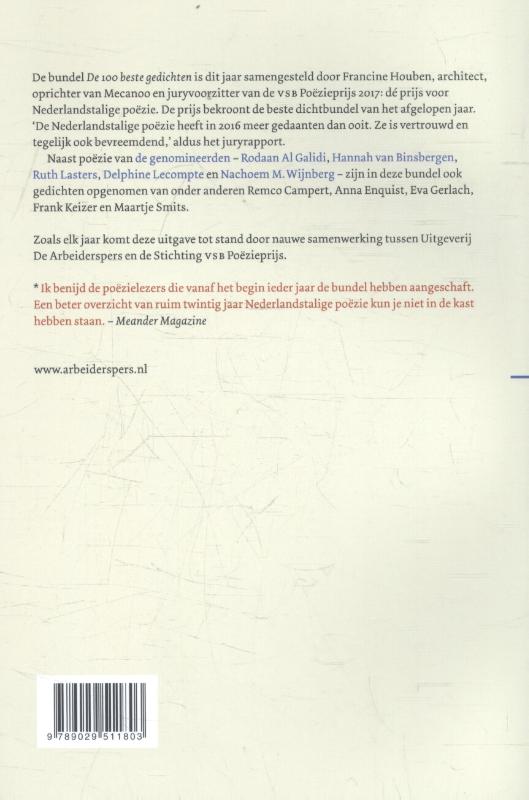Achterkant van De 100 beste gedichten gekozen door Francine Houben voor de VSB Poëzieprijs 2017