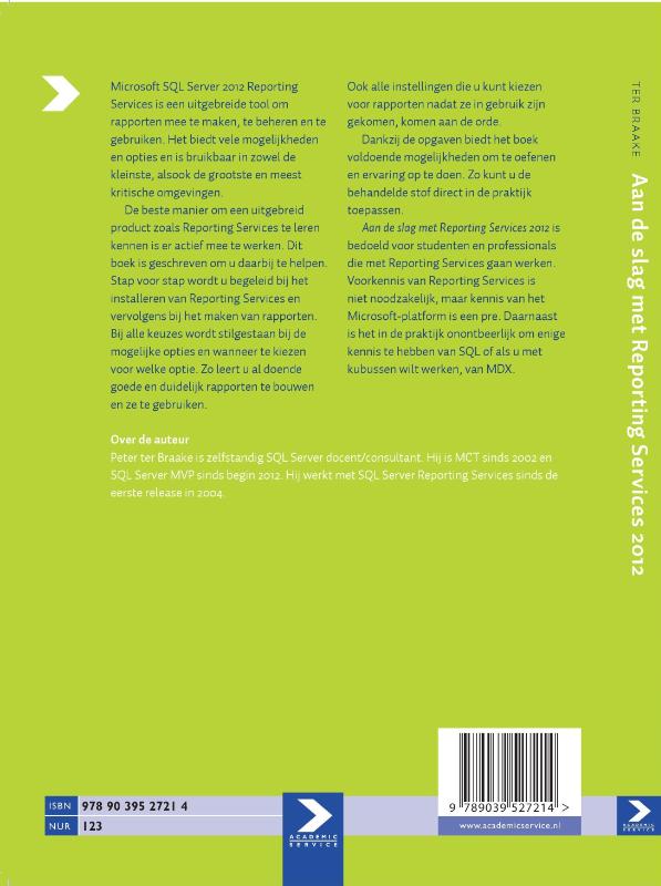 Achterkant van Aan de slag met reporting services 2012 voor MS SQL server