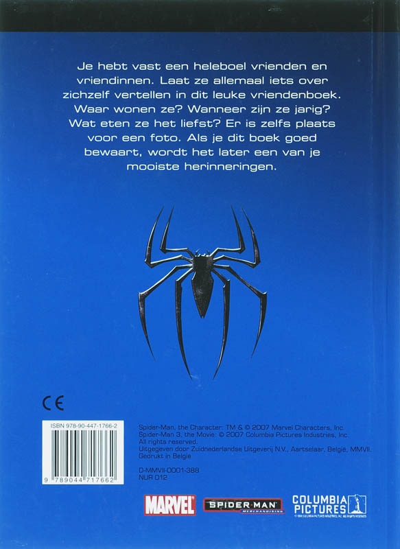 Achterkant van Spiderman vriendenboek