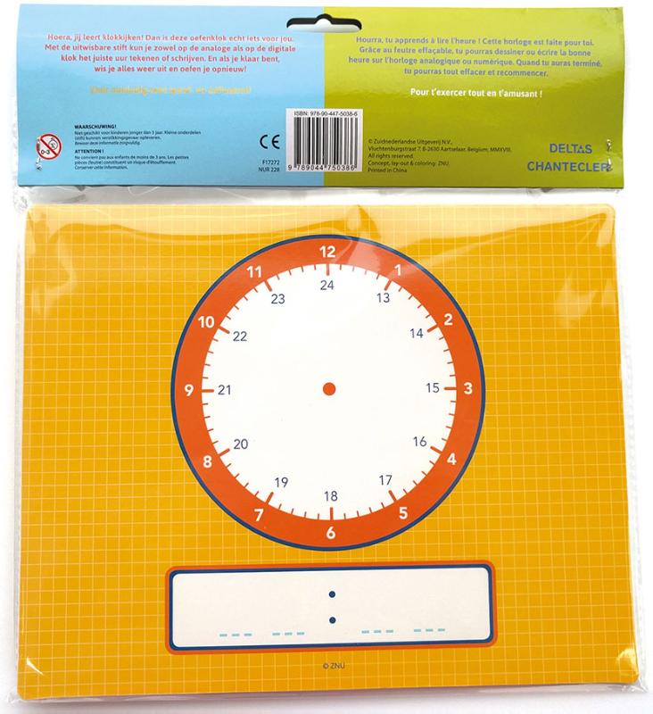 Achterkant van Oefenklok met uitwisbare stift / Horloge d'apprentissage avec feutre effaçable
