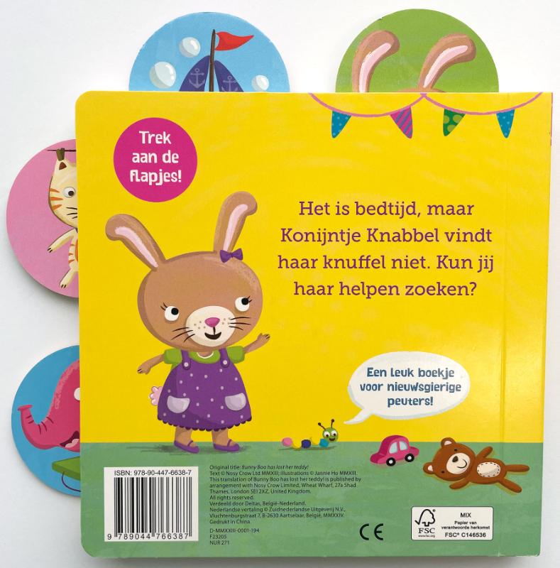 Achterkant van Konijntje Knabbel zoekt haar knuffel
