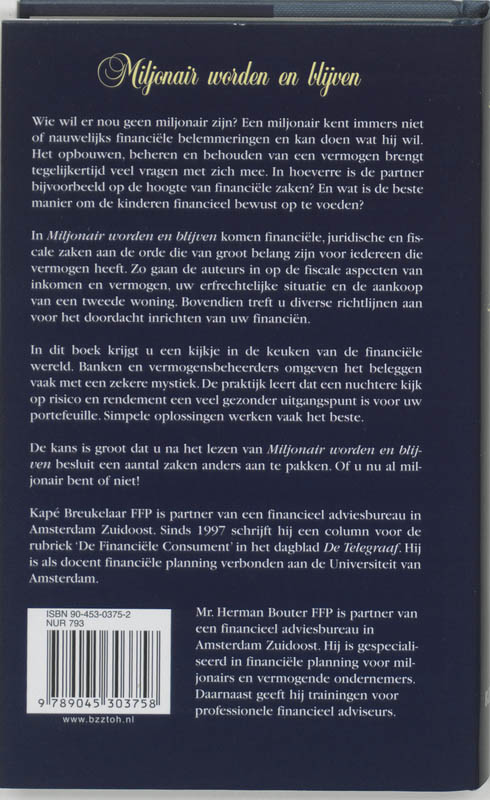 Achterkant van Miljonair worden en blijven