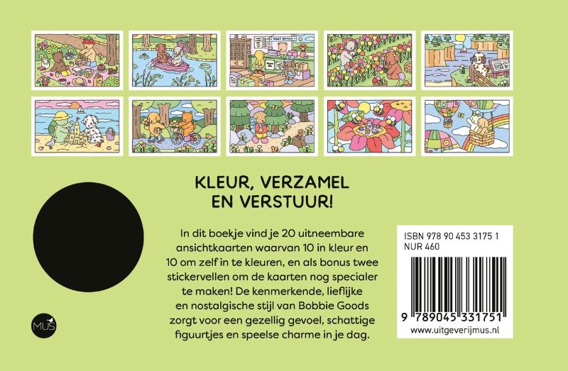 Achterkant van Bobbie Goods postkaartenkleurboek