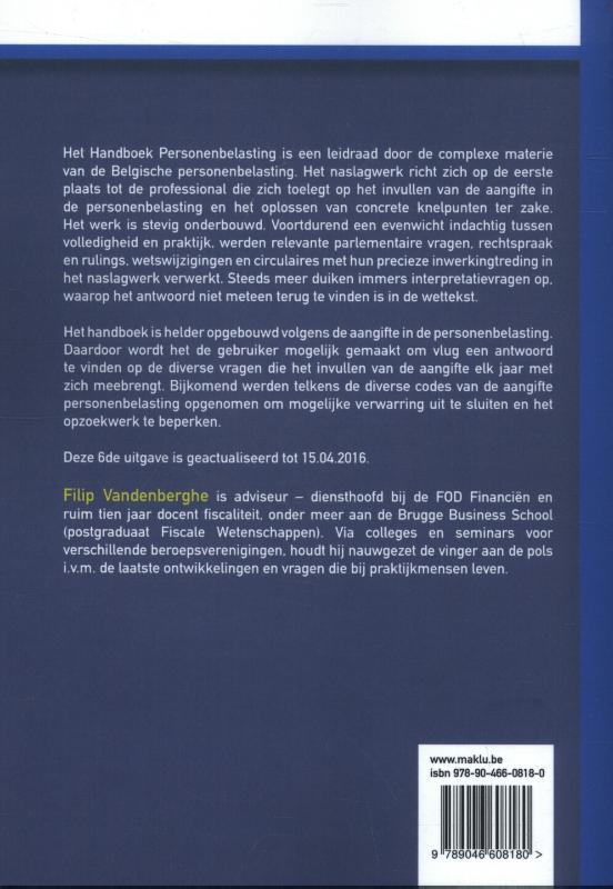 Achterkant van Handboek Personenbelasting 2016