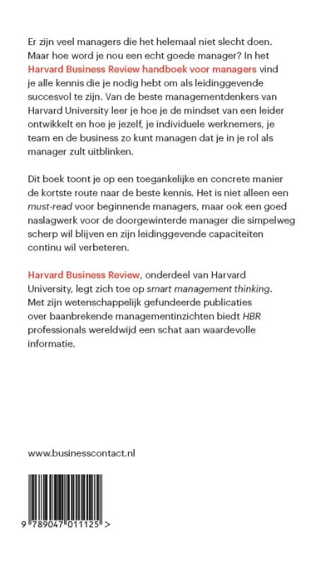 Achterkant van Harvard Business Review handboek voor managers