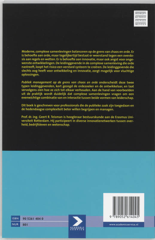 Achterkant van Publiek management op de grens van chaos en orde