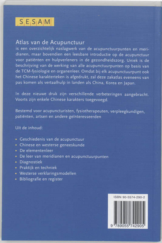 Achterkant van Sesam atlas van de acupunctuur