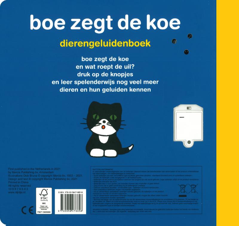 Achterkant van dierengeluidenboek boe zegt de koe