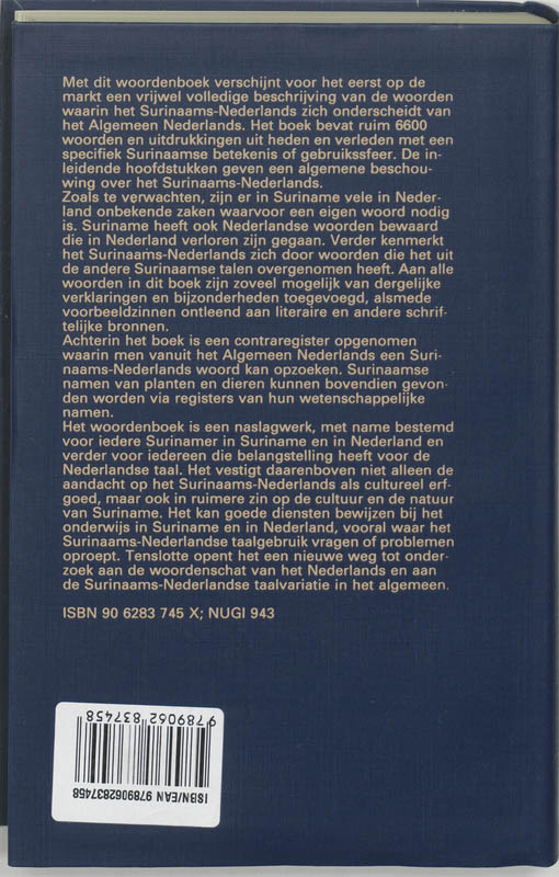 Achterkant van Woordenboek van het Surinaams-Nederlands