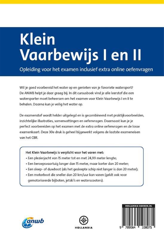 Achterkant van ANWB Cursusboek Klein Vaarbewijs I en II