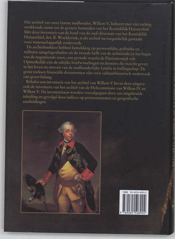 Achterkant van Inventaris van de archieven van stadhouder Willem V (1745-1808) en de Hofcommissie van Willem IV en Willem V (1732-1794)