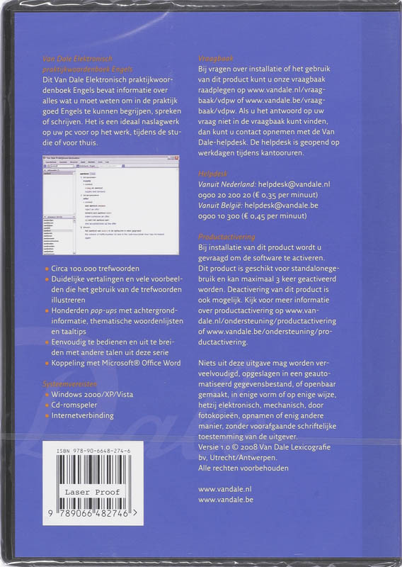 Achterkant van Van Dale Electronisch praktijkwoordenboek Engels