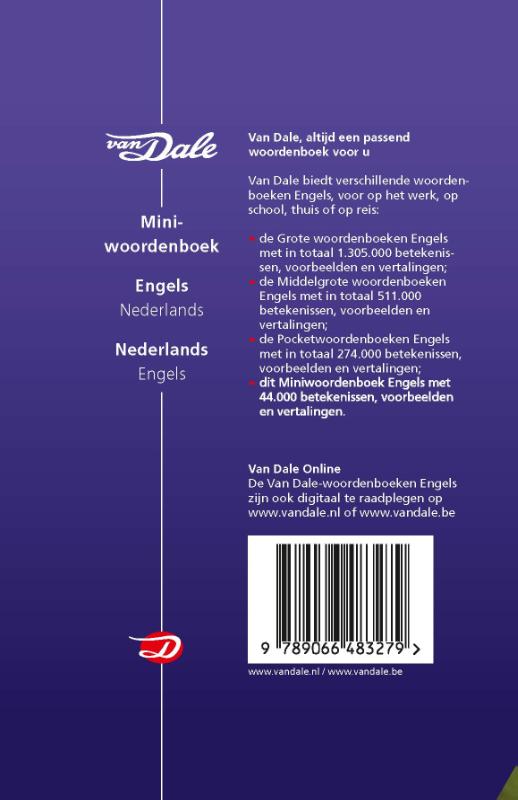 Achterkant van Van Dale Miniwoordenboek Engels-Nederlands Nederlands- Engels