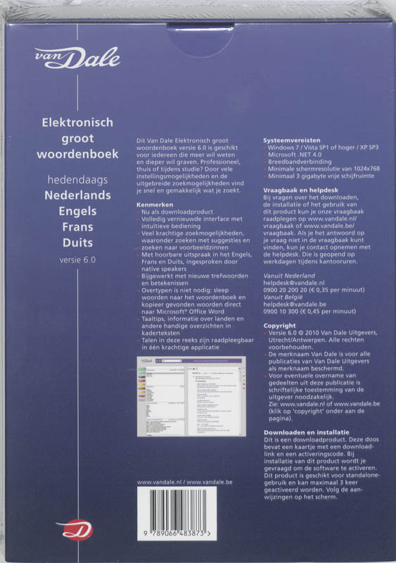 Achterkant van Van Dale Elektronisch groot woordenboek hedendaags Nederlands, Engels, Frans, Duits