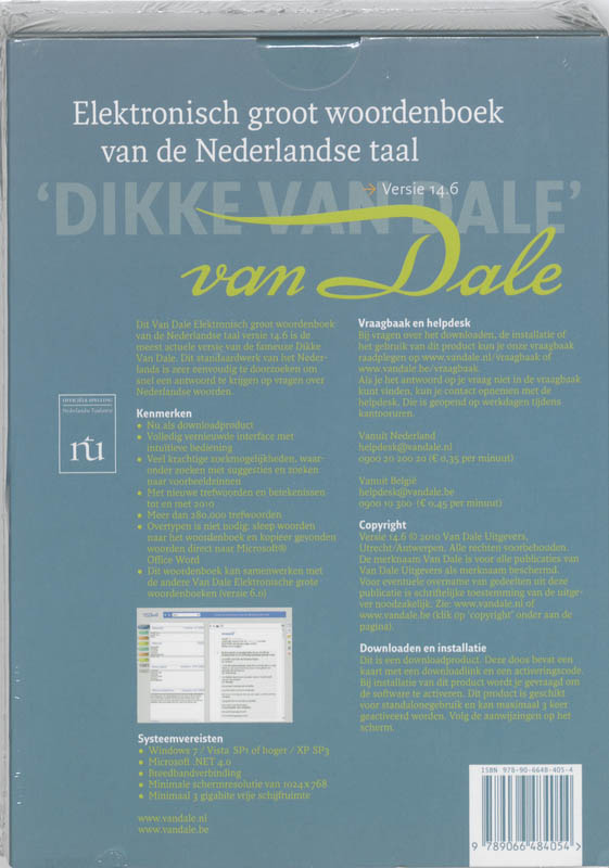 Achterkant van Van Dale Elektronisch groot woordenboek van de Nederlandse taal