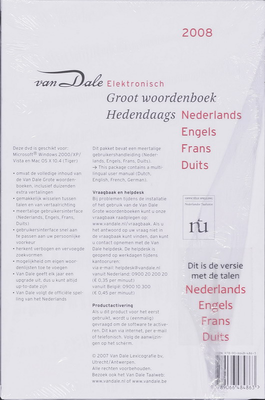 Achterkant van Van Dale elektronisch Groot woordenboek hedendaags Nederlands Engels Frans Duits