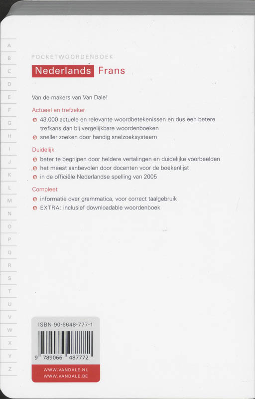 Achterkant van Van Dale pocketwoordenboek Nederlands- Frans