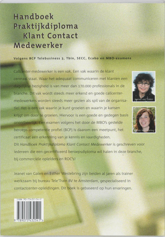 Achterkant van Handboek Praktijkdiploma Klant Contact Medewerker