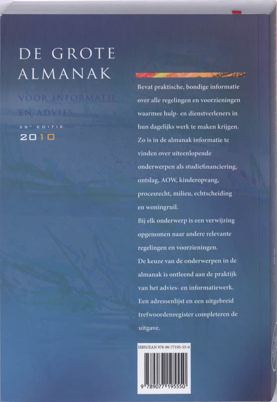 Achterkant van De Grote Almanak voor informatie en advies