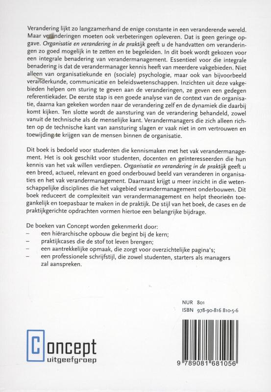 Achterkant van Organisatie en verandering in de praktijk