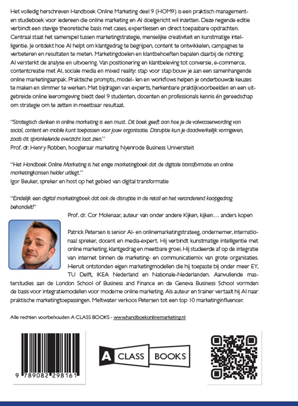Achterkant van Handboek Online Marketing 9 + bijlagen, cases, AI prompts, oefensysteem