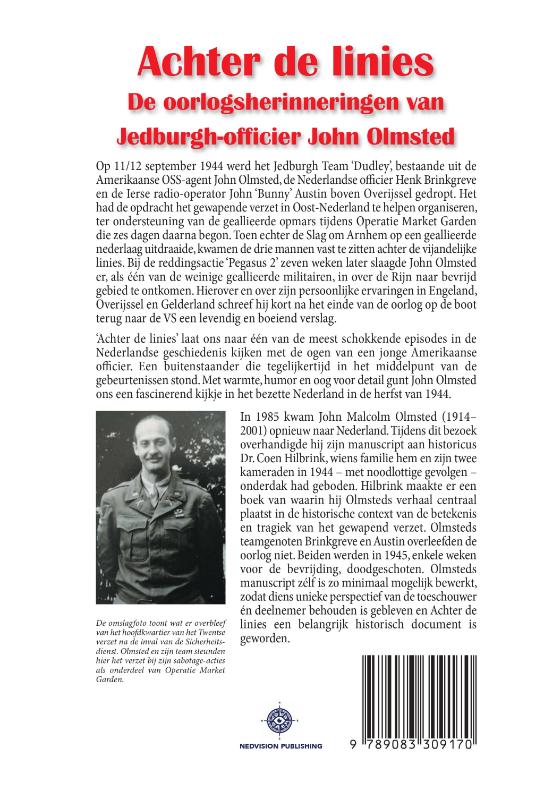 Achterkant van Achter de linies. De oorlogsherinneringen van Jedburgh-officier John Olmsted