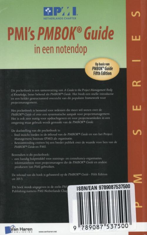 Achterkant van PMI’s PMBOK guide in een notendop