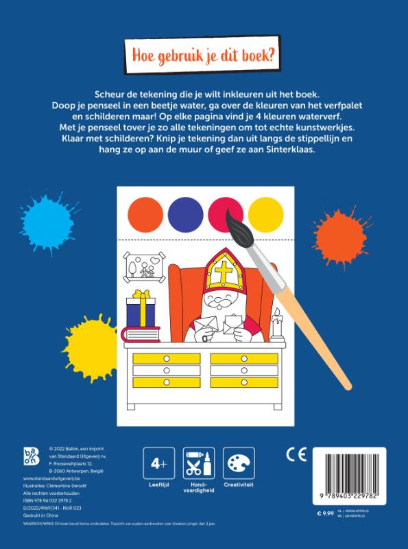 Achterkant van Kleurboek met verfpalet en penseel Sinterklaas